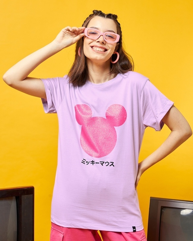 Shop Women's Purple Mickey Gliitters Graphic Printed Boyfriend T-shirt-Front