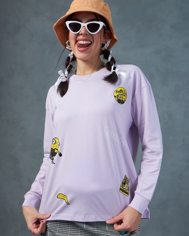 Shop Women's Purple Minion Badge Graphic Printed Oversized T-shirt-Front