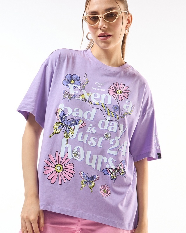 Shop Women's Purple No Bad Day Graphic Printed Oversized T-shirt-Front