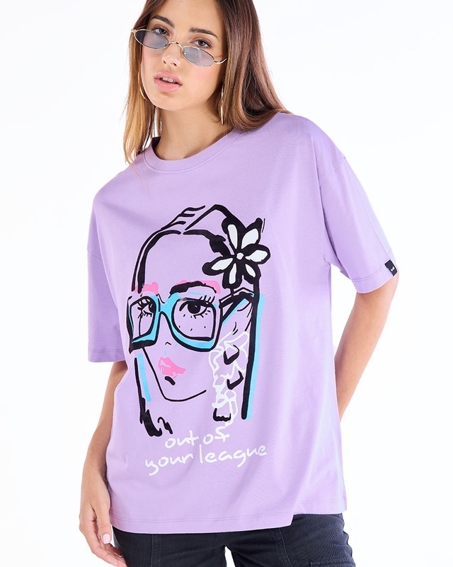 Shop Women's Purple Out of Your League Graphic Printed Oversized T-shirt-Front