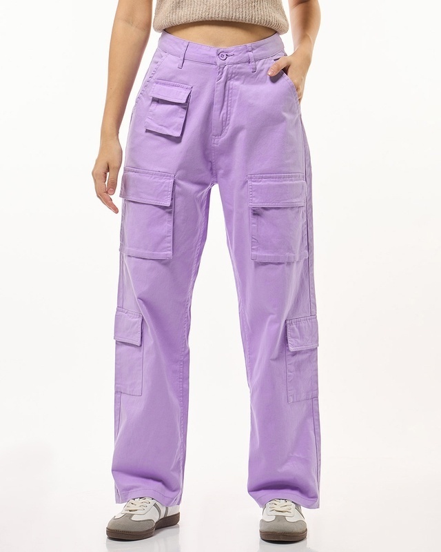 Shop Women's Purple Oversized Cargo Pants-Front