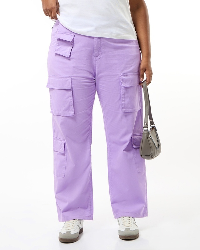 Shop Women's Purple Oversized Plus Size Cargo Pants-Front