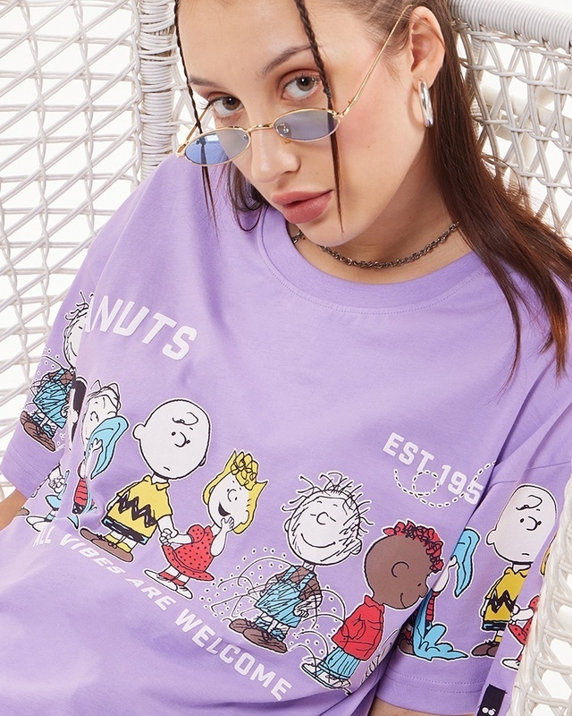 Shop Women's Purple Peanuts Gang Graphic Printed Oversized T-shirt-Front