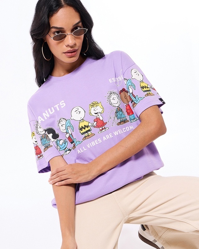 Shop Women's Purple Peanuts Gang Graphic Printed Oversized T-shirt-Front