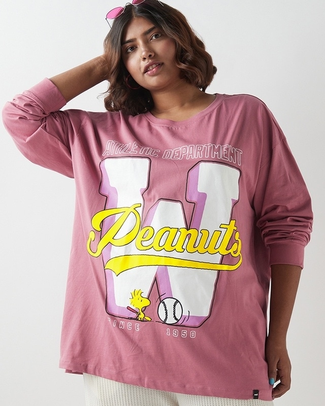 Shop Women's Purple Peanuts Woodstock Typography Oversized Plus Size T-shirt-Front