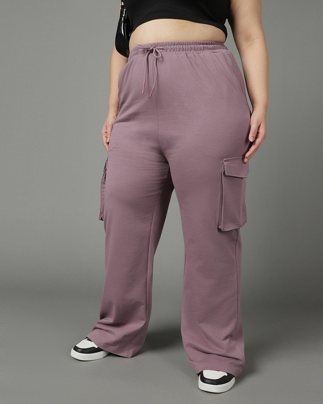 Shop Women's Purple Plus Size Flared Cargo Pants-Front