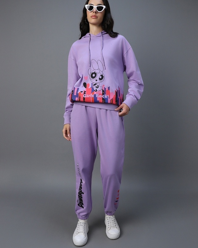 Shop Women's Purple Powerpuff Graphic Printed Co-ordinates-Front