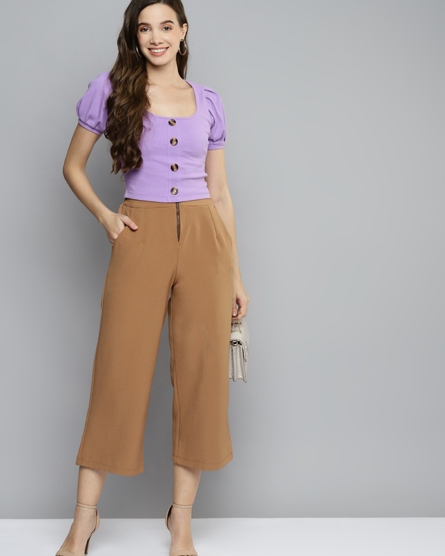 Shop Women's Purple Puff Sleeve Crop Top-Front