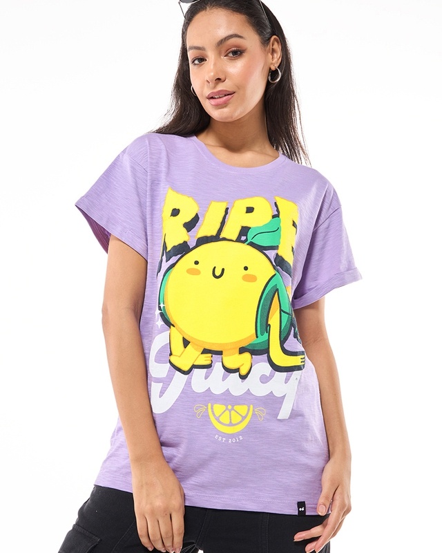 Women's Purple Ripe and Juicy Graphic Printed Boyfriend T-shirt-Front Bewakoof Shop Women's Purple Ripe and Juicy Graphic Printed Boyfriend T-shirt-Front