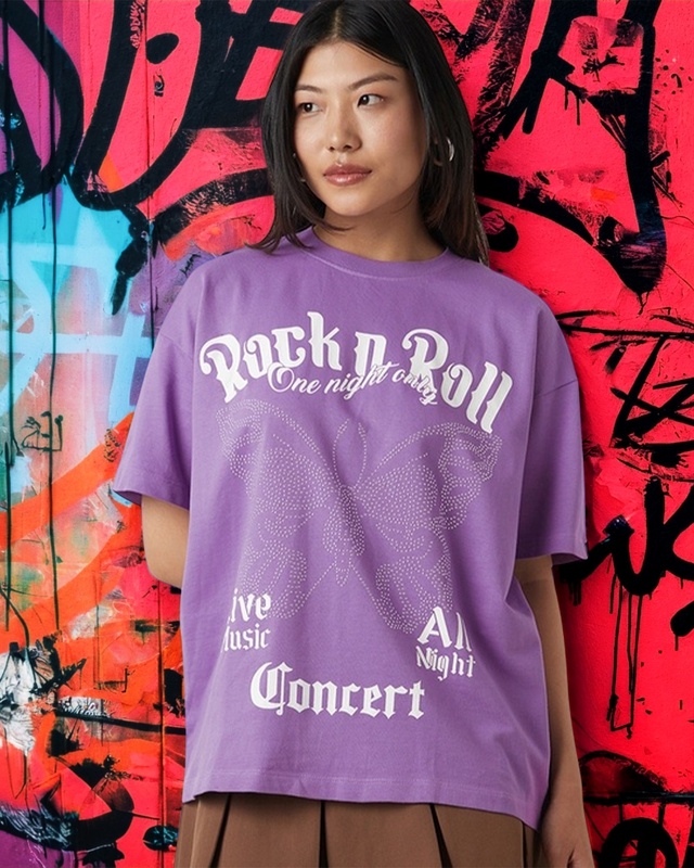 Shop Women's Purple Rock N Roll Graphic Printed Oversized T-shirt-Front