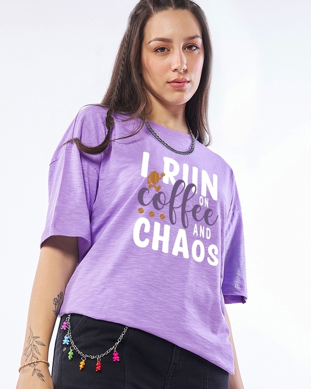 Shop Women's Purple Run On Coffee Typography Oversized T-shirt-Front