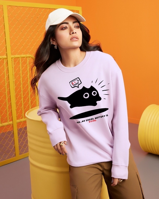 Shop Women's Purple Social Battery Graphic Printed Oversized Sweatshirt-Front