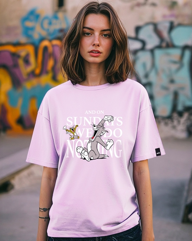 Shop Women's Purple Sunday We Do Nothing Graphic Printed Oversized T-shirt-Front