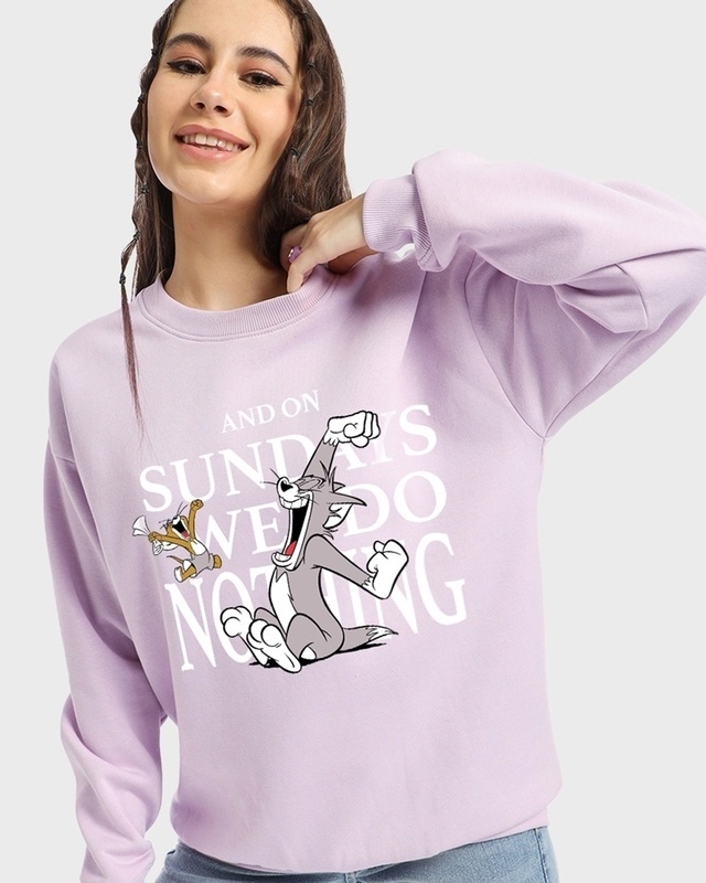 Shop Women's Purple Sundays We Do Nothing Graphic Printed Oversized Sweatshirt-Front