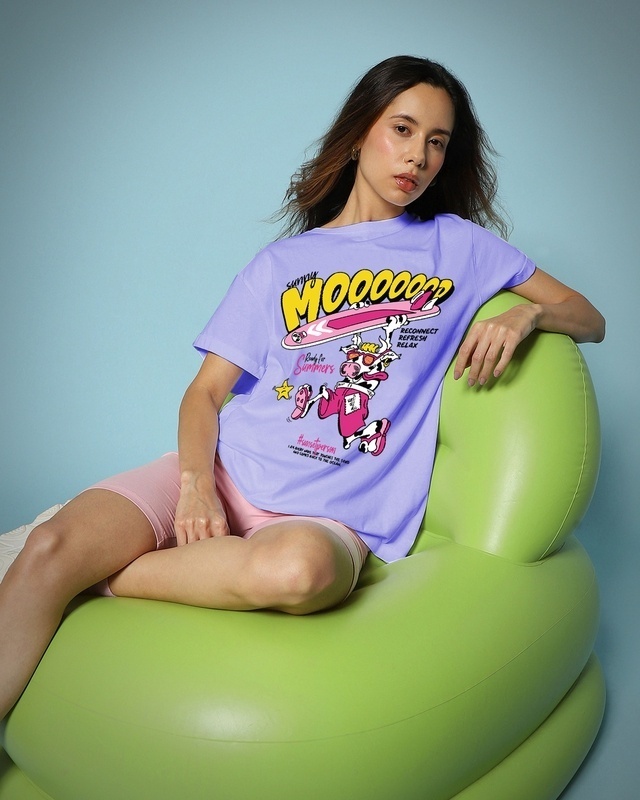 Shop Women's Purple Sunny Moooood Graphic Printed Boyfriend T-shirt-Front