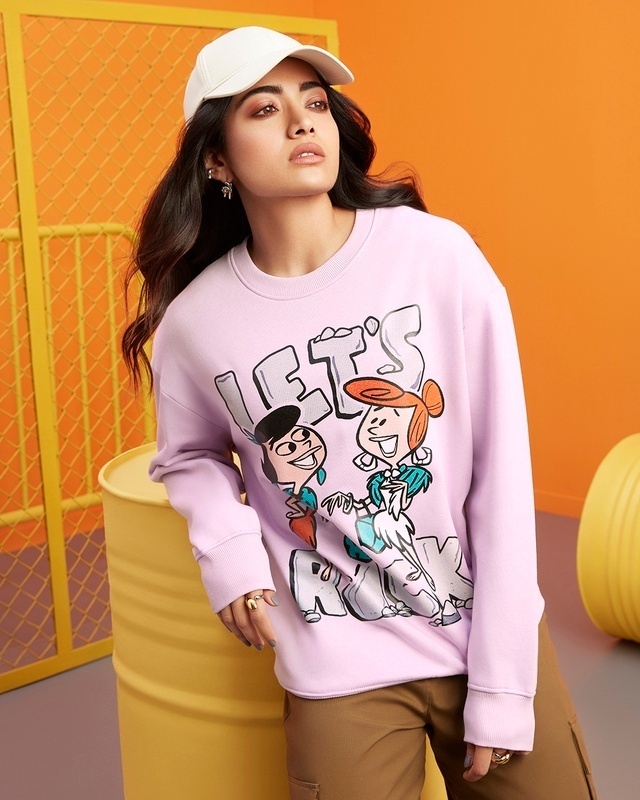 Shop Women's Purple The Flintstones Let's Rock Graphic Printed Oversized Sweatshirt-Front