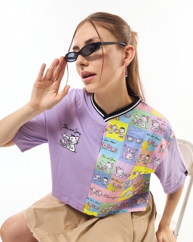 Shop Women's Purple Tom & Jerry Graphic Printed Oversized Crop T-shirt-Front
