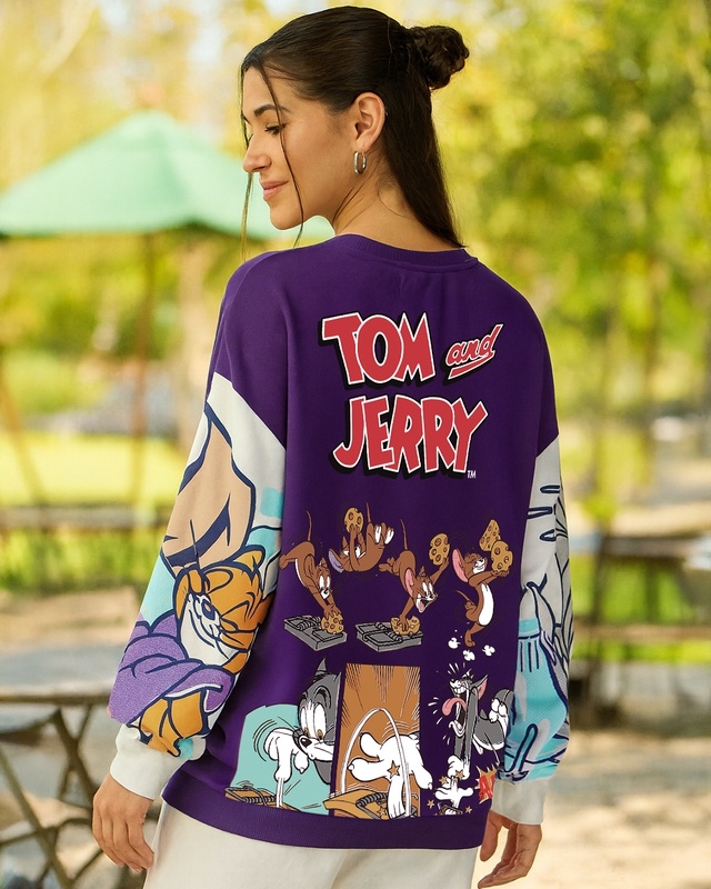 Shop Women's Purple Tom & Jerry Graphic Printed Oversized Sweatshirt-Front