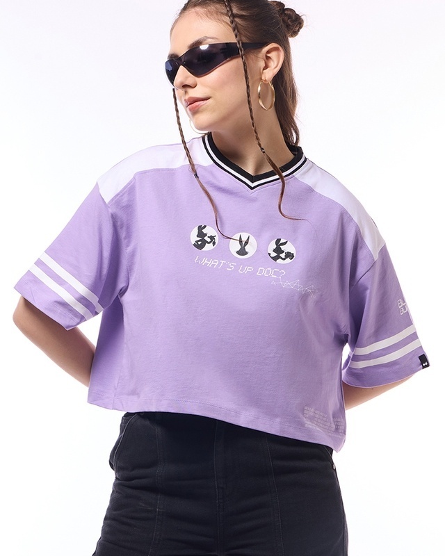 Shop Women's Purple Whats Doc Graphic Printed Oversized Crop T-shirt-Front