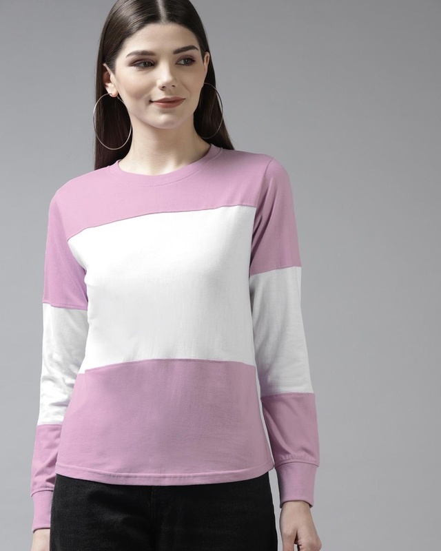 Shop Women's Purple & white Color Block T-shirt-Front