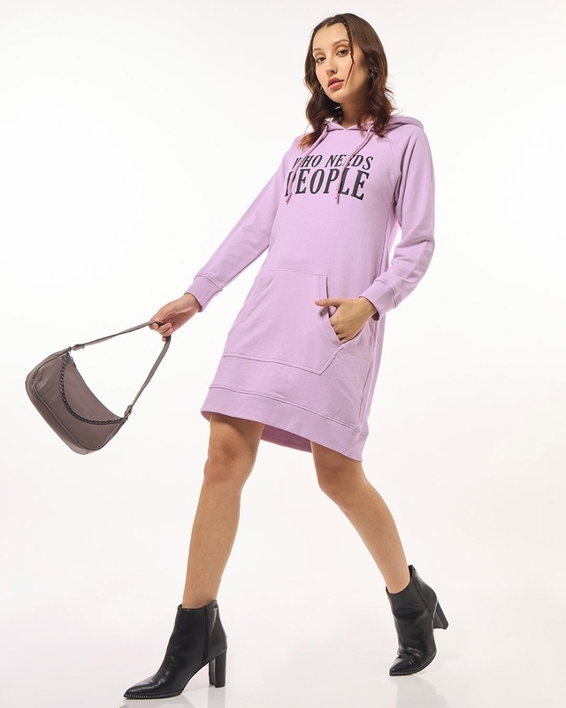 Shop Women's Purple Who Needs People Graphic Printed Hoodie Dress-Front
