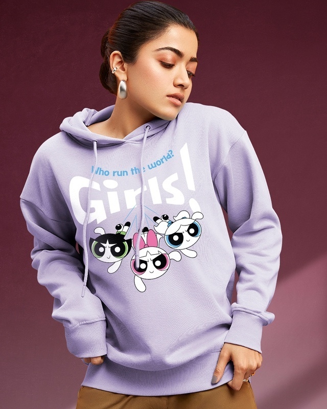 Shop Women's Purple Who Run The World Graphic Printed Oversized Hoodies-Front