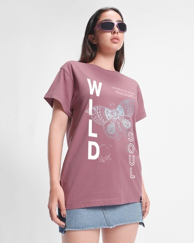Shop Women's Purple Wild Soul Graphic Printed Boyfriend T-shirt-Front
