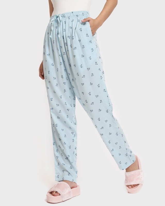 Shop Women's Blue All Over Floral Printed Straight Fit Rayon Pyjamas-Front