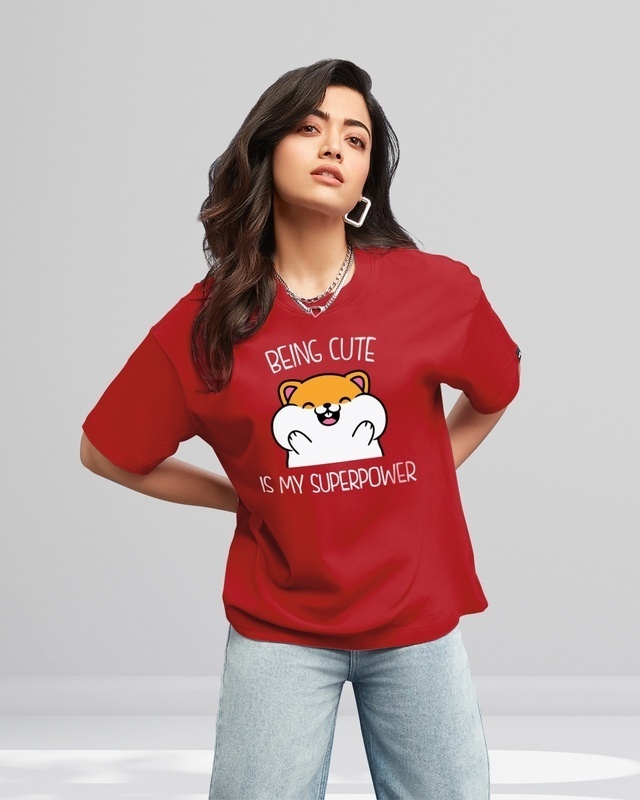 Shop Women's Red Being Cute Is My Superpower Graphic Printed Oversized T-shirt-Front