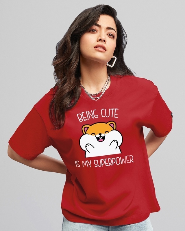 Shop Women's Red Being Cute Is My Superpower Graphic Printed Oversized T-shirt-Front
