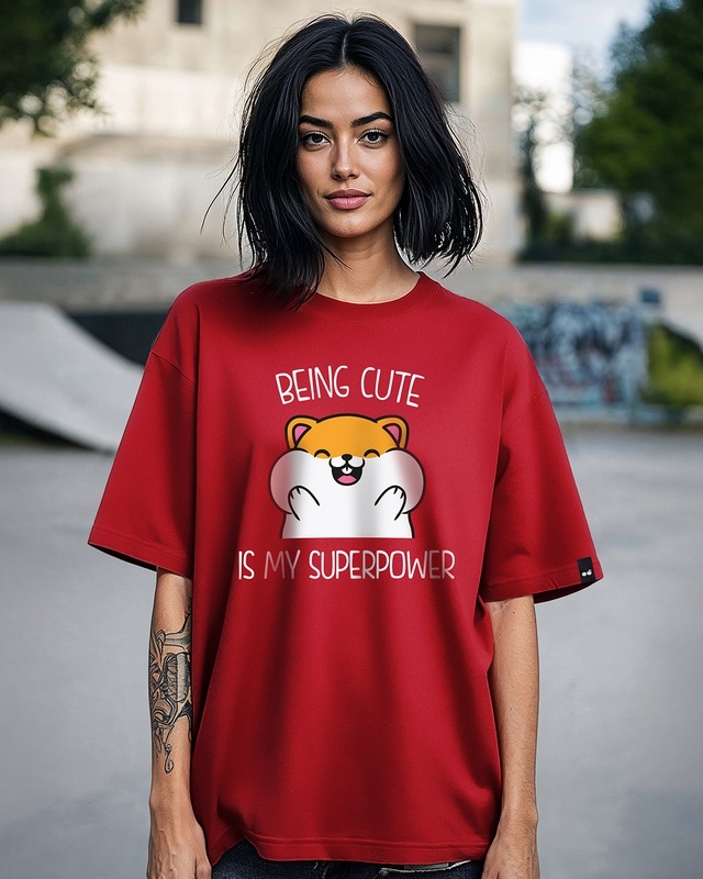 Shop Women's Red Being Cute Is My Superpower Graphic Printed Oversized T-shirt-Front