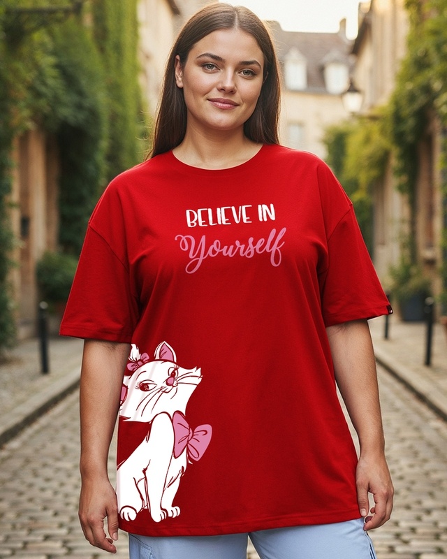 Women's Red Believe Cat Graphic Printed Oversized Plus Size T-shirt