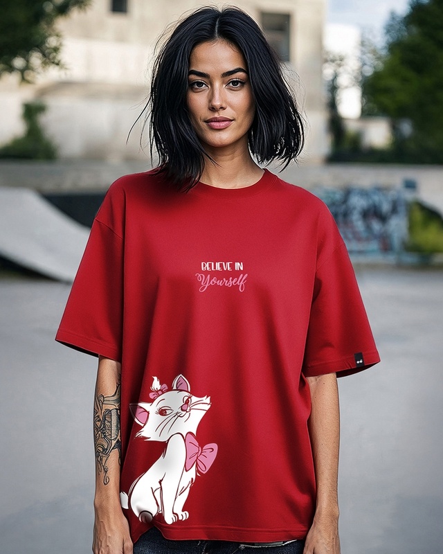 Shop Women's Red Believe Cat Graphic Printed Oversized T-shirt-Front