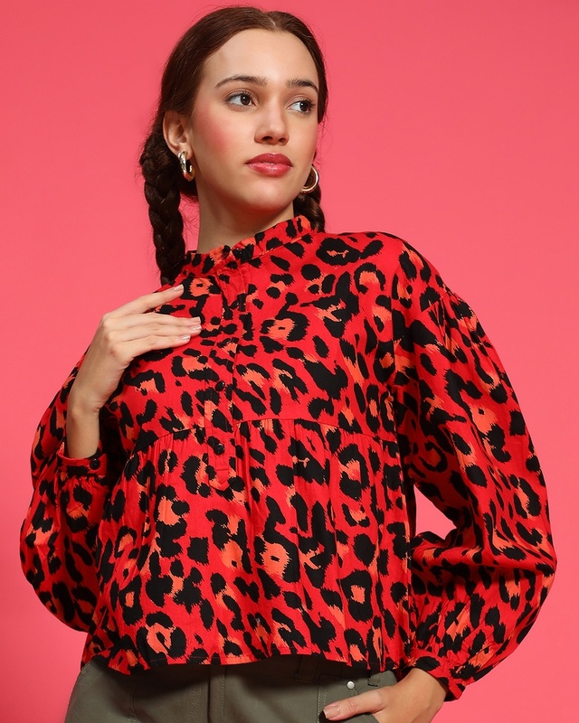 Women's Red & Black Animal Printed Top