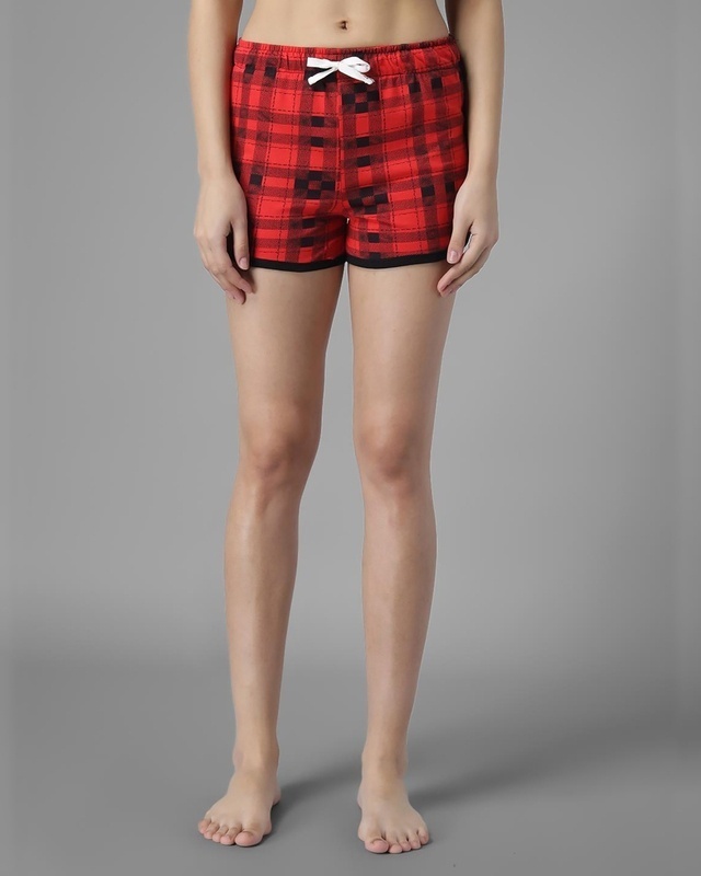 Shop Women's Red & Black Checked Lounge Shorts-Front