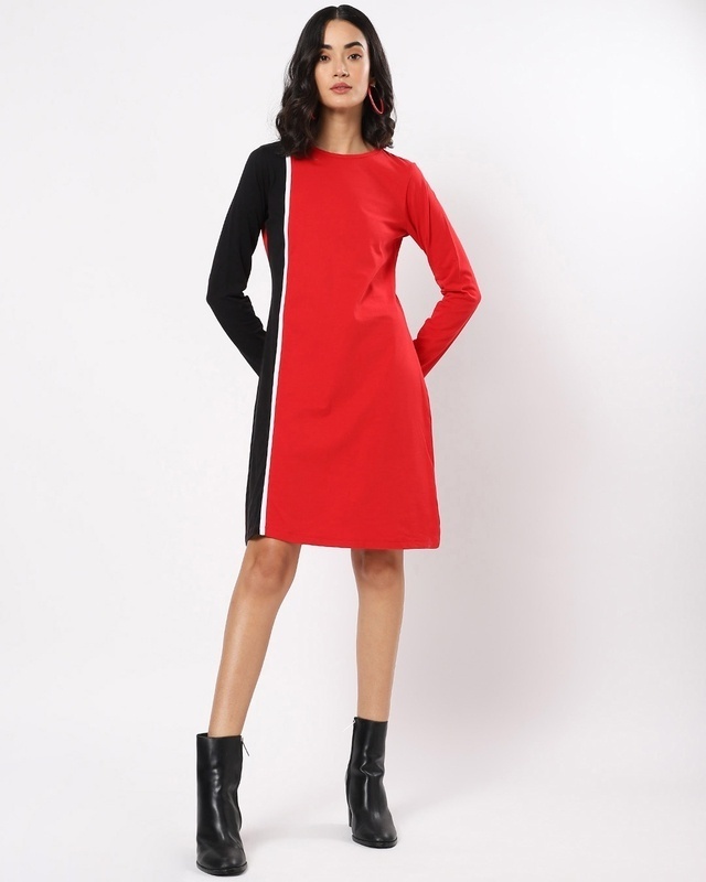 Shop Women's Red & Black Color Block Slim Fit Dress-Front