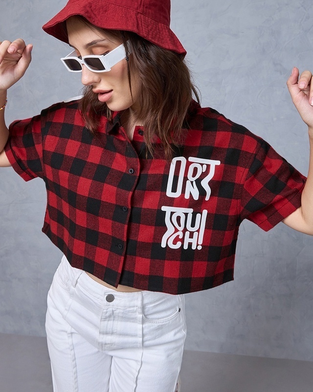 Shop Women's Red & Black Mickey Checked Oversized Crop Shirt-Front