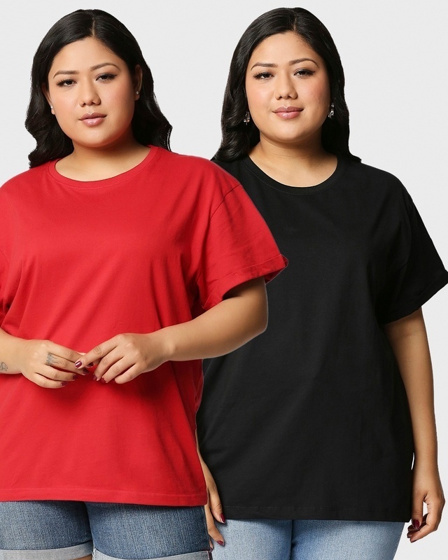 Shop Women's Red & Black Plus Size Boyfriend T-shirt (Pack of 2)-Front