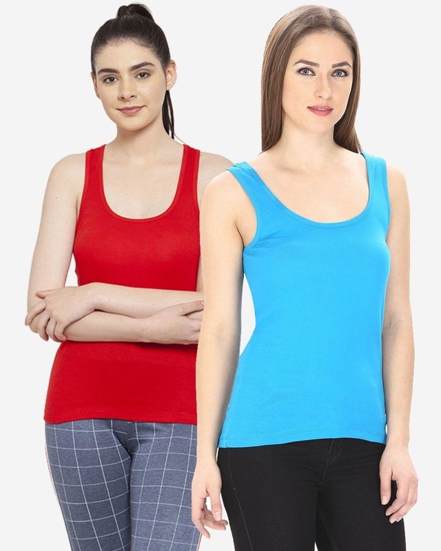Shop Women's Red & Blue Tank Tops (Pack Of 2)-Front