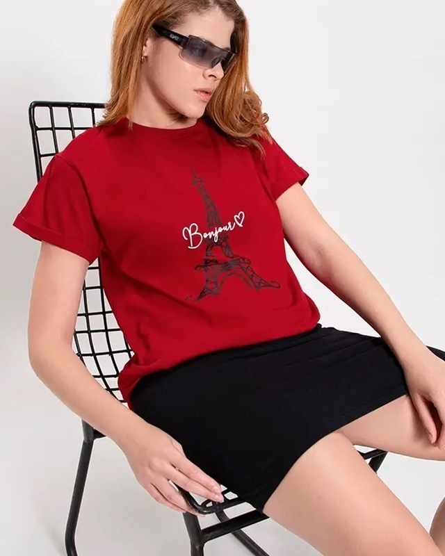 Shop Women's Red Bonjour Paris Graphic Printed Boyfriend T-shirt-Front