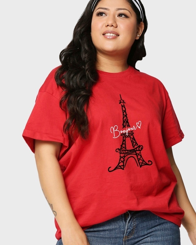 Shop Women's Red Bonjour Paris Graphic Printed Plus Size Boyfriend T-shirt-Front