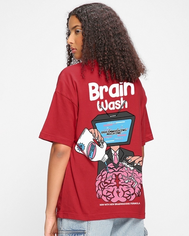 Shop Women's Red Brain Wash Graphic Printed Oversized T-shirt-Front