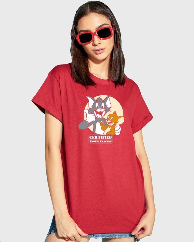 Shop Women's Red Certified Troublemakers Graphic Printed Boyfriend T-shirt-Front