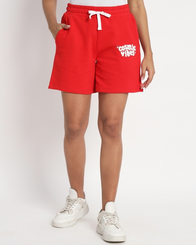 Shop Women's Red Cosmic Vibes Typography Relaxed Fit Shorts-Front
