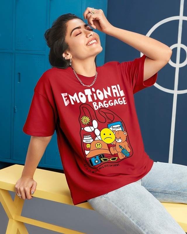 Shop Women's Red Emotional Baggage Graphic Printed Oversized T-shirt-Front