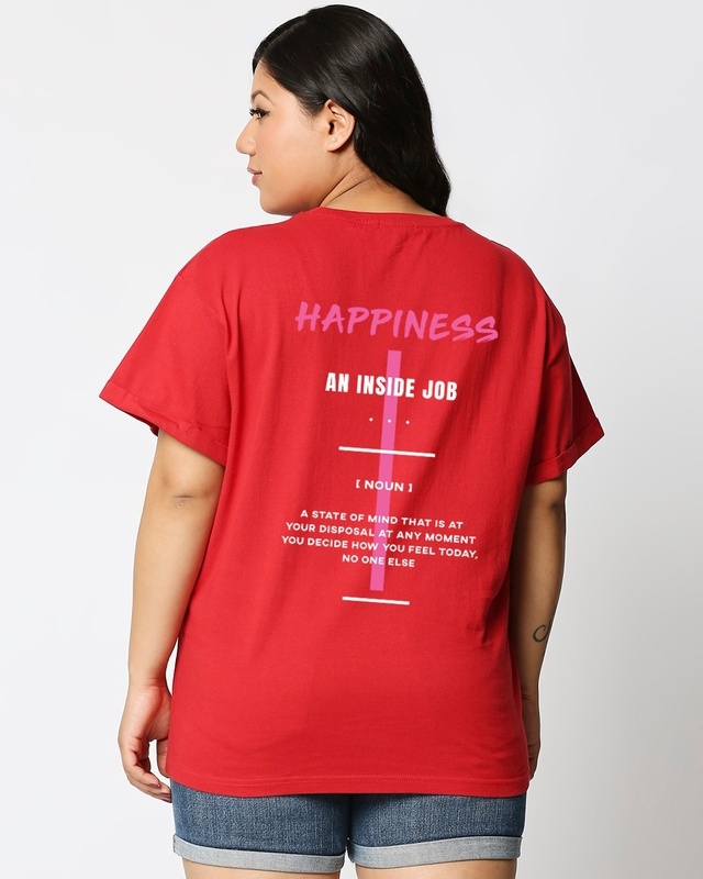 Shop Women's Red Happiness Typography Plus Size Boyfriend T-shirt-Front