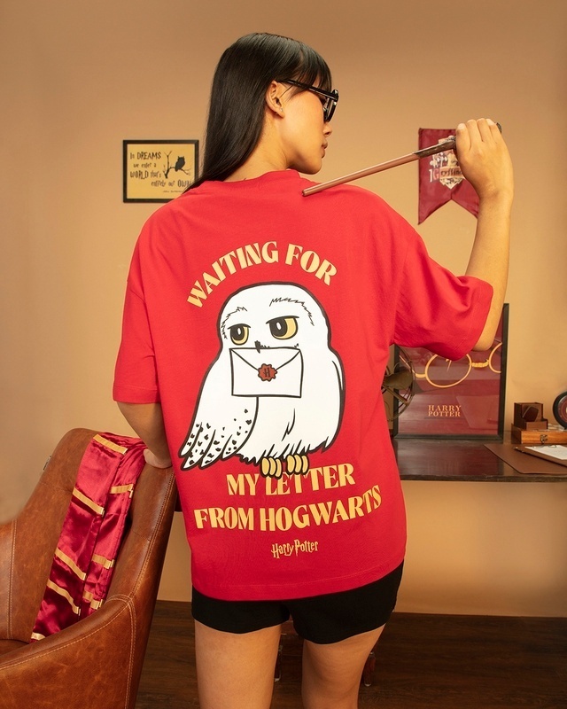 Shop Women's Red Hogwarts Letter Graphic Printed Oversized T-shirt-Front