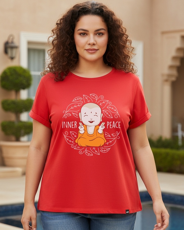 Women's Red Inner Peace Graphic Printed Plus Size Boyfriend T-shirt