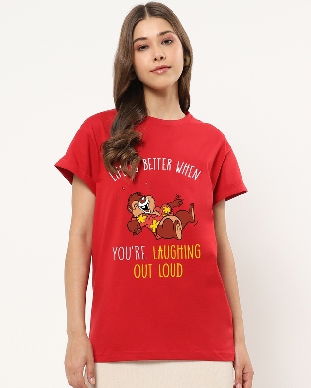 Shop Women's Red Laughing Out Loud Typography Boyfriend T-shirt-Front