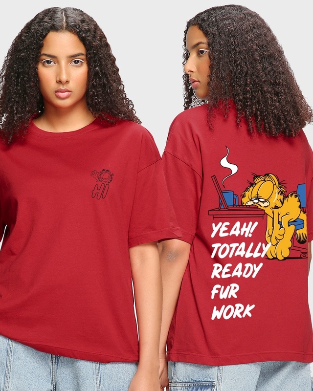 Shop Women's Red Lazy Garfield Graphic Printed Oversized T-shirt-Front